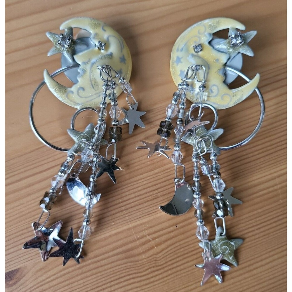 Lunch At The Ritz Moon & Stars Celestial Vintage Enamel Clip Earrings 1989 RARE